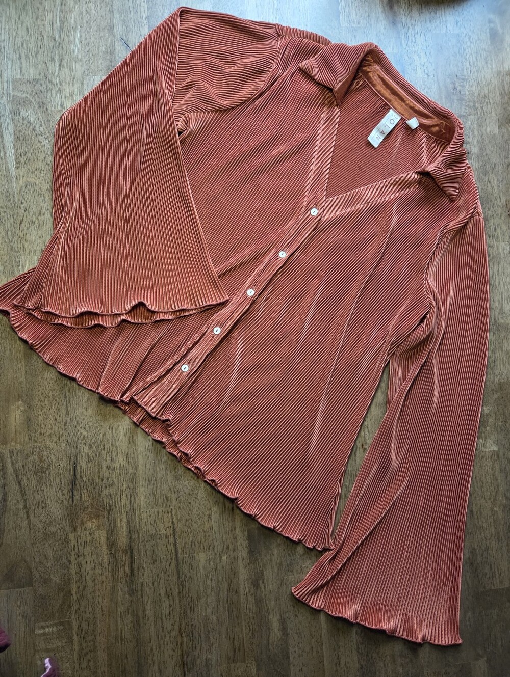 Dolan Anthropologie Rusty Pleated Collared V Neck Bell Sleeve Button-Up Top